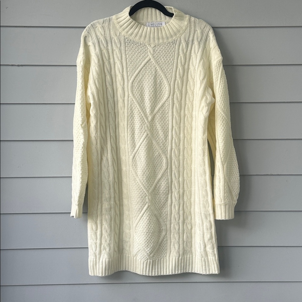Lime Lush Long Sleeve Cable Knit Sweater Dress - White NWOT